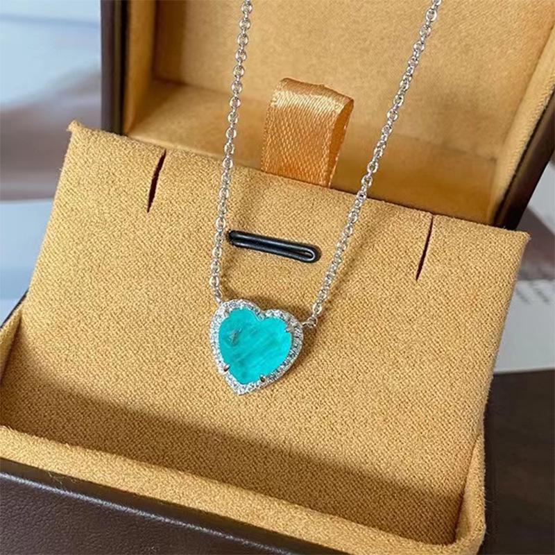 S925 Silver Heart Paraiba Necklace - Women's Layered Clavicle Chain Pendant