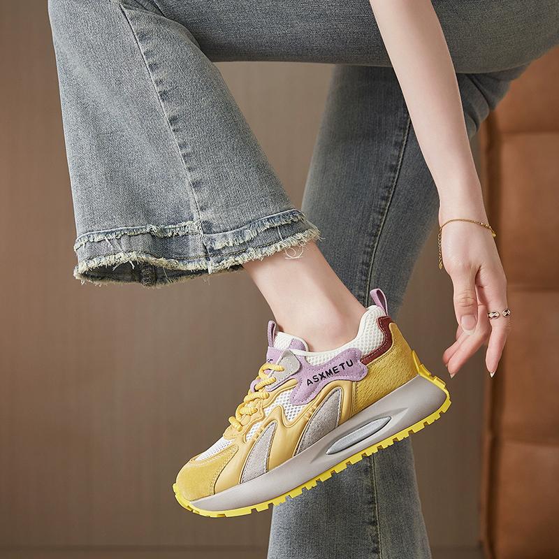 Модные кроссовки весна-лето 2026 Женские сетчатые туфли на толстой подошве 5 см Мягкий комфорт Фирменные женские желтые туфли для повседневной носки