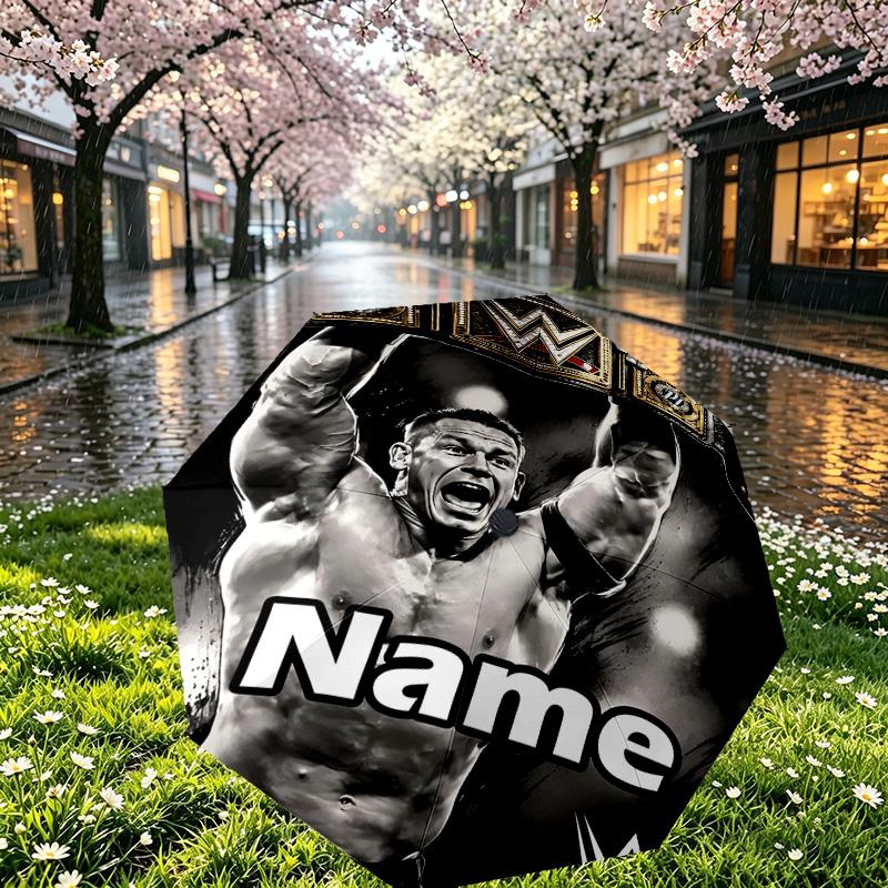 Custom Name Personalized WWE Print Umbrella, Auto Open Close, 8‑Rib Sturdy Frame, Commute Camping Hiking Use, Birthday Gift