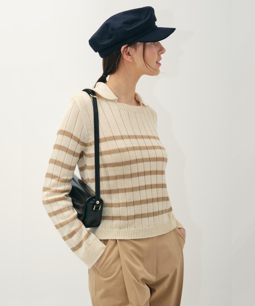 JUN BY JUN K Collared Striped Knit Top_Beige