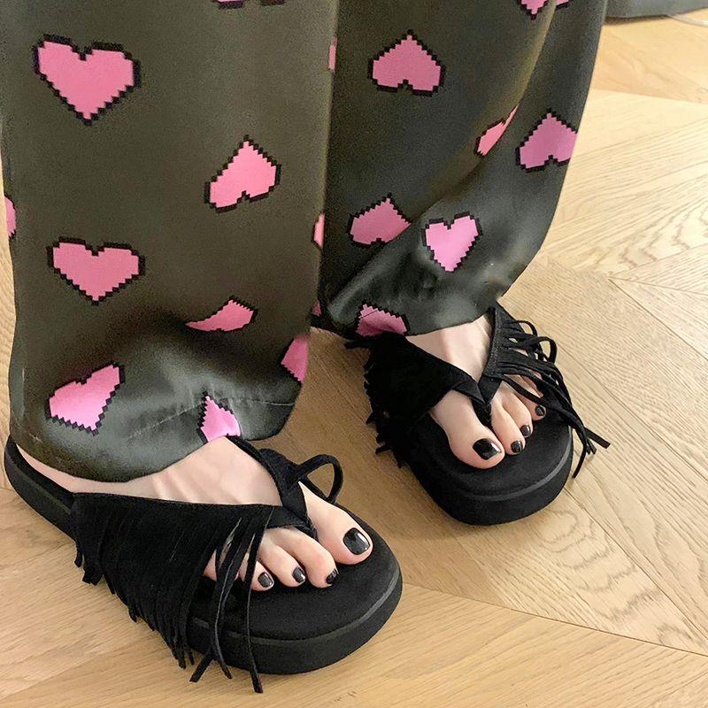 Summer Muller Slippers Women Pig Suede Fringe Modern Slippers Tassel Square Head Lazy Shoes Leisure Slides Flip Flops Sandal