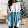 Women Tops Round Neck Long Sleeve Color Block Pullover Tops with Pockets Loose Fit Mid Length Shirt Daily Wear