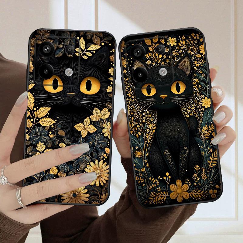 Цветочный Кот Черный Для Redmi Note 10 11 Note12S 12 13 14 Pro Plus 5G 14S 4G 13ProPlus 9S 9 P ro 13C 14C силиконовый мягкий чехол для телефона