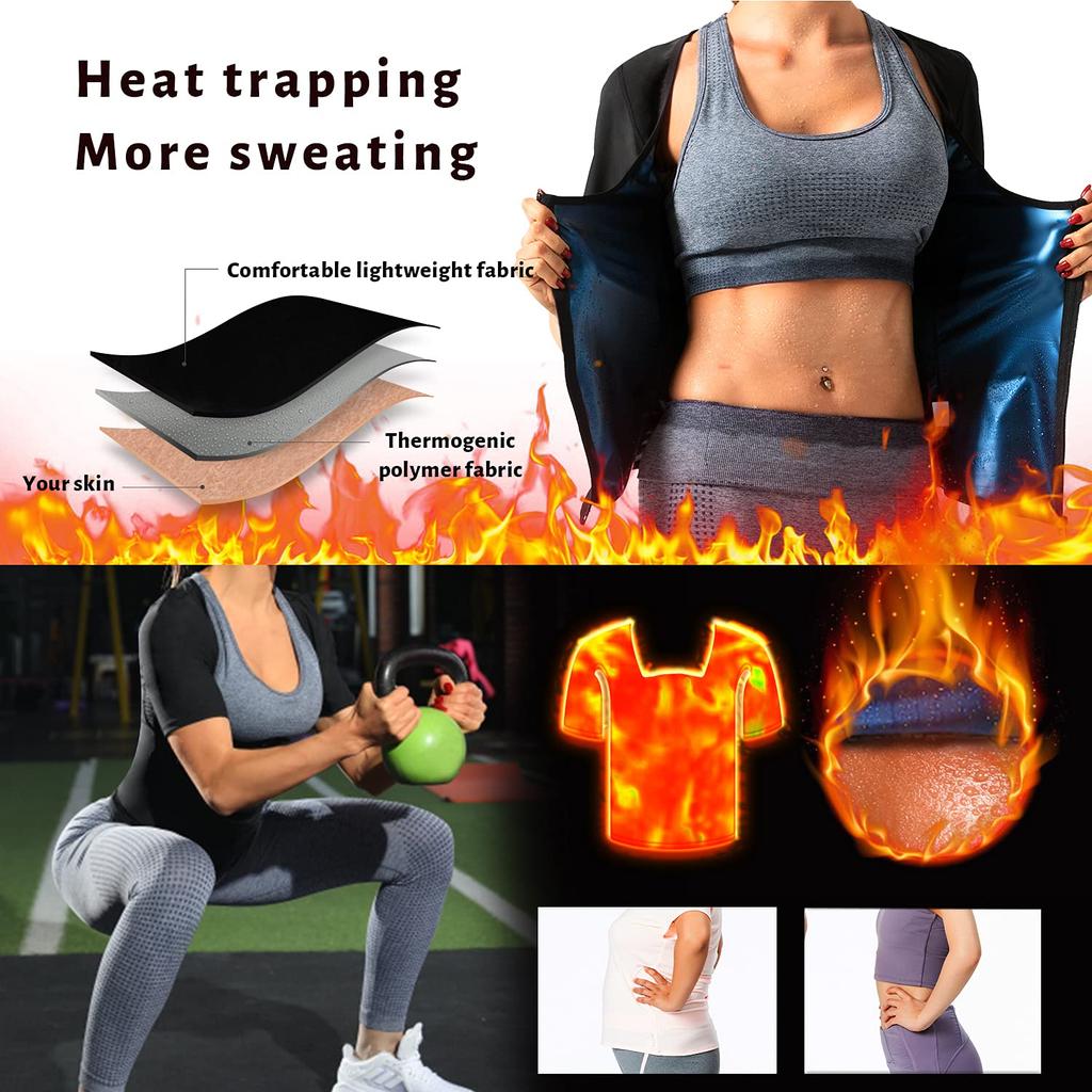 Women Sweat Vest Short Sleeve Waist Trainer Tops Zipper Compression Shirts Heat Trapping Sauna Suit Fitness Slimming Body Shaper Workout Cropped