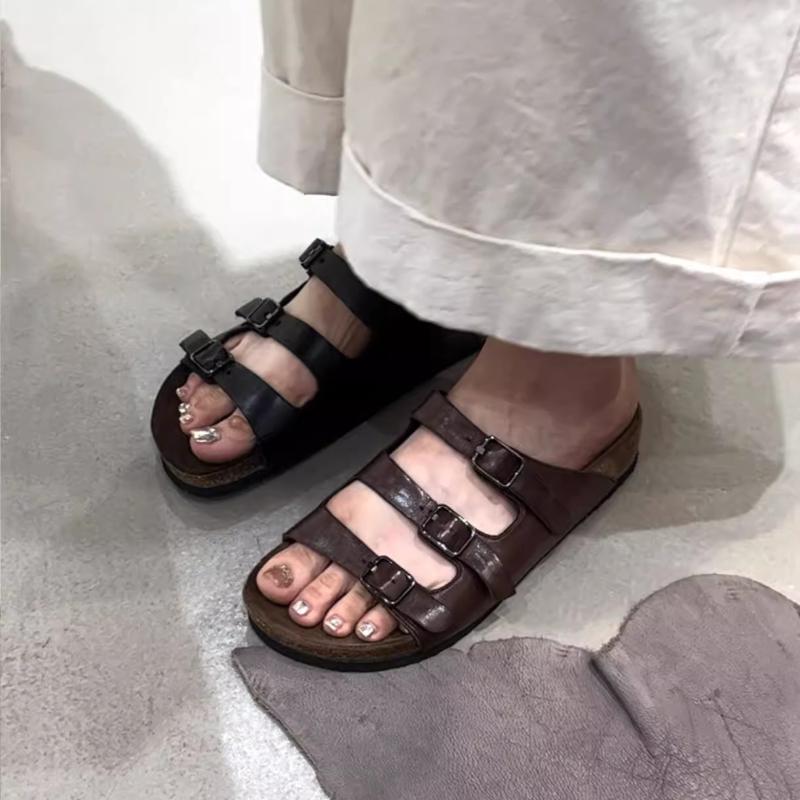 Fashion 2025 New High Quality Slip-on Belt Buckle Big Head Thick Heel Slippers Women's Retro Genuine Leather Round Toe Slippers