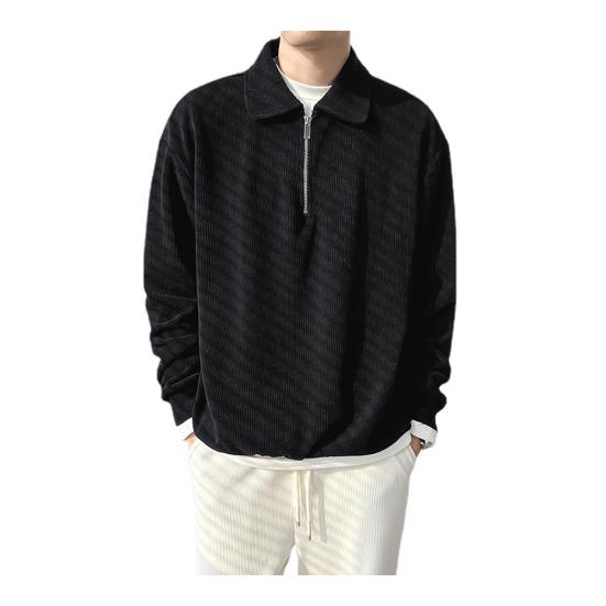 Men Fall Spring Top Half Zipper Turn-down Collar Corduroy Loose Vertical Striped Solid Color Long Sleeves Pullover Office Shirt for Commuting School