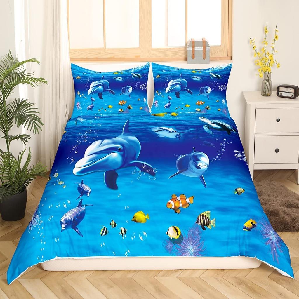 Dolphin Duvet Cover Set Cute Kawaii Wild Animals King Queen Full Size Polyester Bedding Set For Boys Girls Comforter Cover