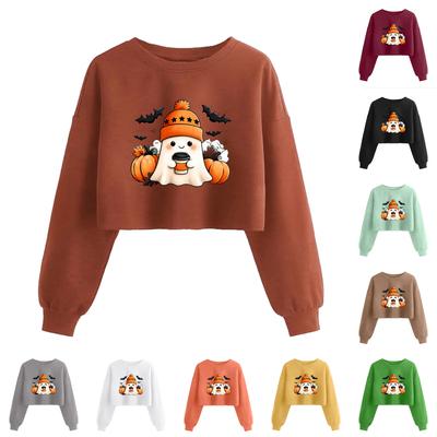 Женский модный пуловер с длинным рукавом и принтом на Хэллоуин, открывающий живот