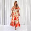 Spring/summer New Temperament Slim-fit Print Puffed Sleeves Swing High-end Dress Woman Vacation Style Beach Style