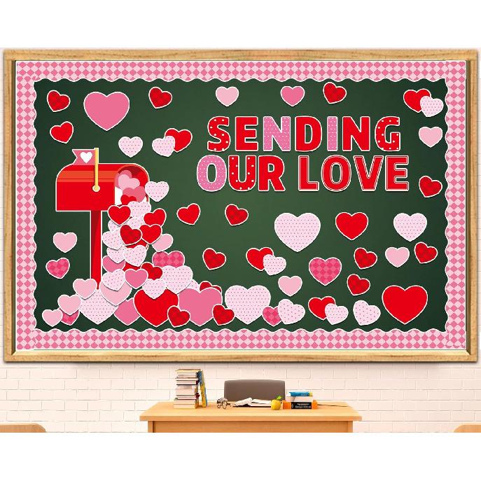 89PCS Valentine's Day Bulletin Board Decoration Set Heart Bulletin Board Borders Sending Our Love Cutouts for Bulletin Board Happy Valentine's Day