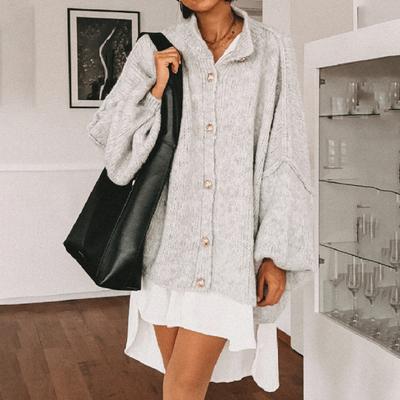 Женский свитер большого размера, пальто с круглым вырезом, фонарь, длинный рукав, однобортный, вязаный, верхняя одежда, повседневный, свободный трикотаж