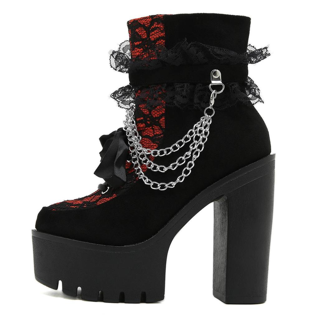 Gdgydh Vintage Gothic Lace Ankle Boots for Women Chunky Heel Side Zipper with Chain Detail Platform Goth Boots High Heels