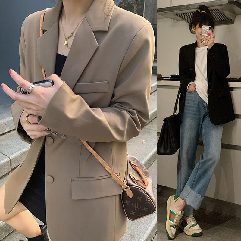 2025 Spring Autumn Women's Brown Blazer, Korean Style Loose Fit Casual Jacket with Notched Lapel, Internet Famous Office Wear for Daily Outfits