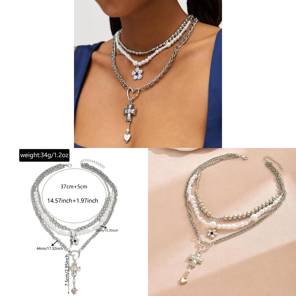 Vintage Heart Cross Pendant Necklace With Alloy Charm And Layered Floral Accents For Fashion