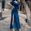 Элегантное вечернее сексуальное вечернее платье с разрезом, женское простое ретро-платье с длинным рукавом и V-образным вырезом, повседневные черные платья, женское модное однотонное платье с высокой талией 26078