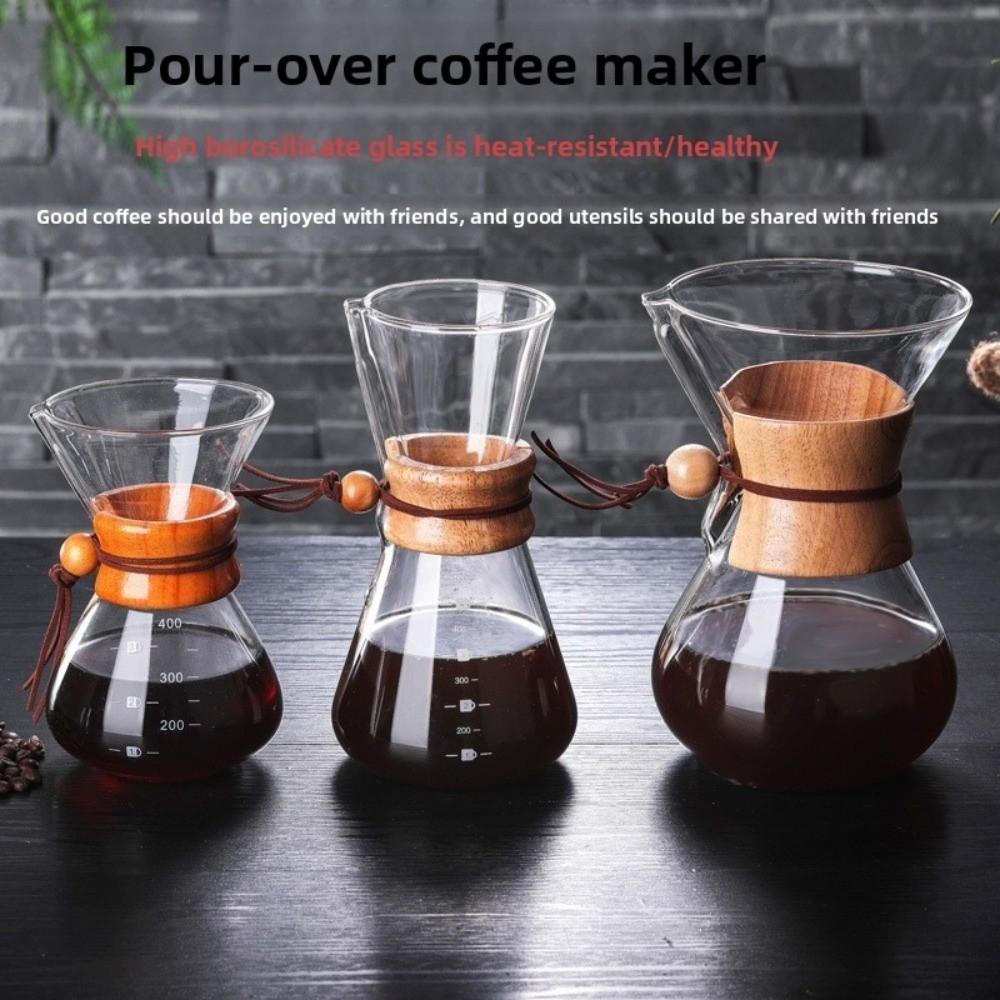 Pour Over Stainless Steel Coffee Pot with Filter Mesh Wooden Handle Tea Pot 400ML/600ML Glass Coffeeware Kitchen