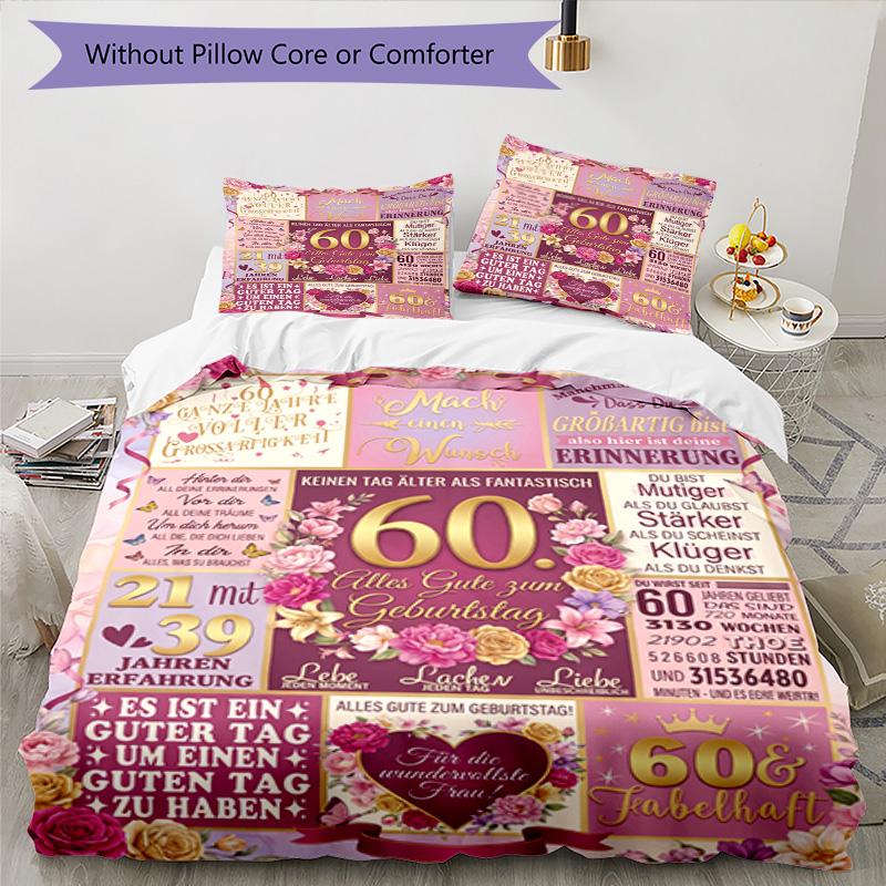 Happy 60th Birthday Celebration 3‑Piece Bedding Set,Soft Breathable Duvet Cover with 23 Pillowcases,Multi‑Scene for Bedroom Dorm,Perfect Holiday Birth