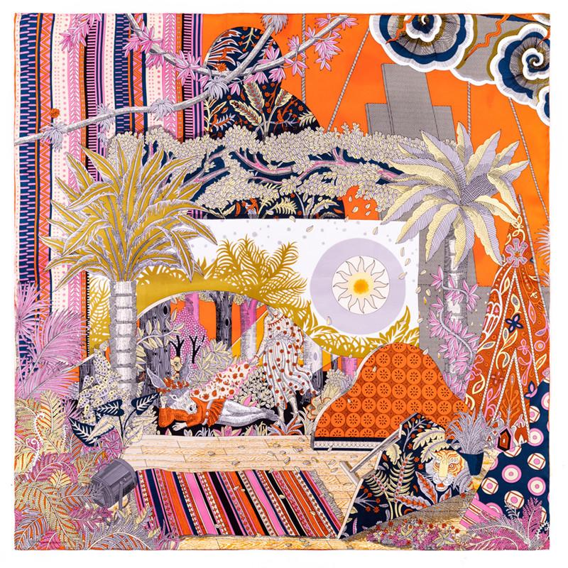 POBING Manual Hand Rolled Twill Silk Scarf Women Indian Feather Square Scarves Echarpes Foulards Femme Wrap Bandana Hijab 90CM