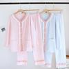 Cotton Women's Pajamas Color Contrast V-Neck Lace Home Clothes Sweet Cardigan Trousers 2Pcs Nightwear Loose Casual Homewear