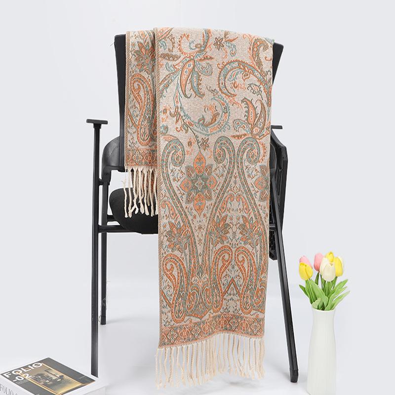 Cashew pattern long jacquard ethnic style vintage fringed shawl, dual-use scarf for women, warm travel cape