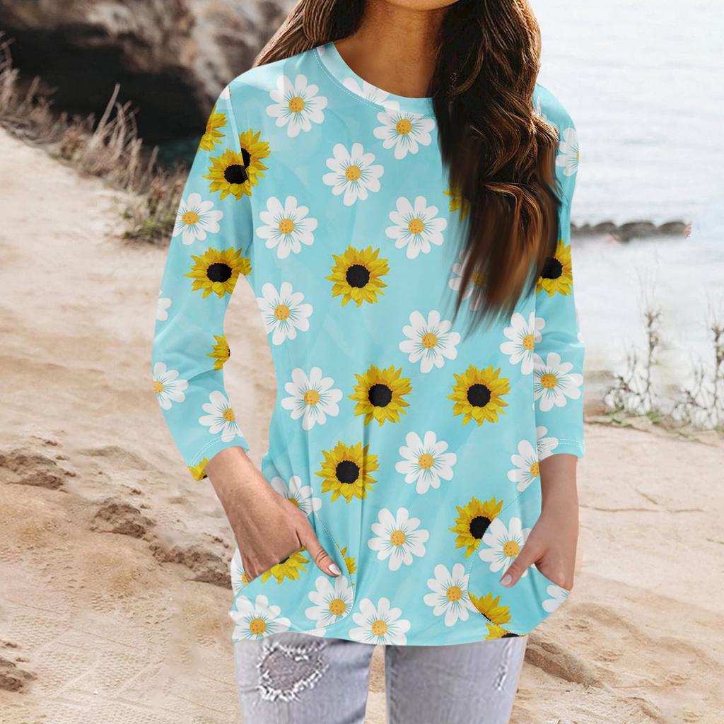 Женская модная повседневная футболка с карманом и круглым вырезом с рукавами 3/4 и топом