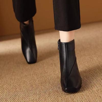 Женские ботильоны из натуральной кожи с квадратным носком, на массивном блочном каблуке, с боковой молнией, ботильоны до середины икры, модная повседневная зимняя обувь