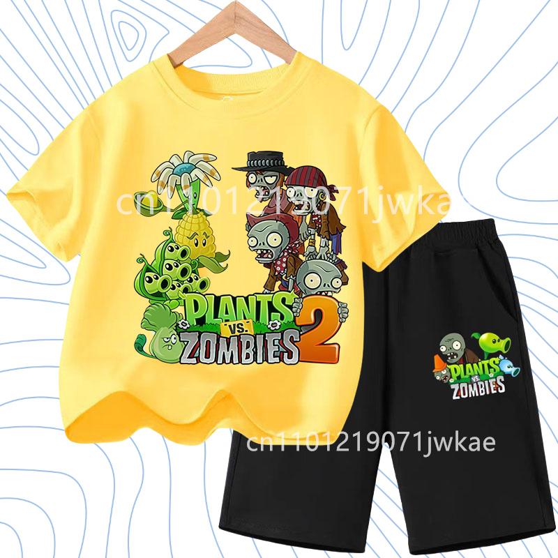 Kids Street Fashion Boys Girls T Shirt Set Plants Vs Zombies Cute Print 2026 Summer Casual Daily Wear 3-12 Age Shirt Suit