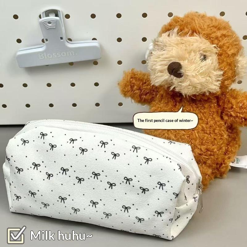 Portable Cute Pencil Pouch Large Capacity Bow Pattern Pen Bag for Girls Students School Study Office Supplies