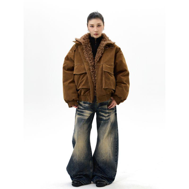 Kisko Winter American-Style Mountain Carving Suede Warm Stand-Up Collar Cotton Jacket for Men and Women, High-End Loose Casual Trendy Coat