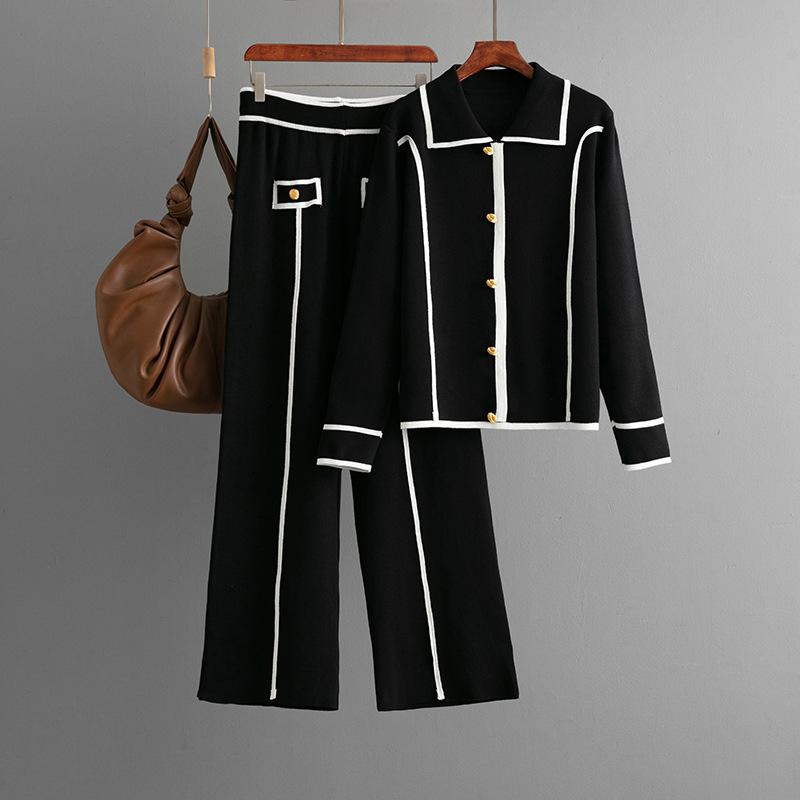 Новый осенне-зимний вязаный модный комплект для женщин, включающий повседневный свитер с воротником поло и брюки широкого кроя