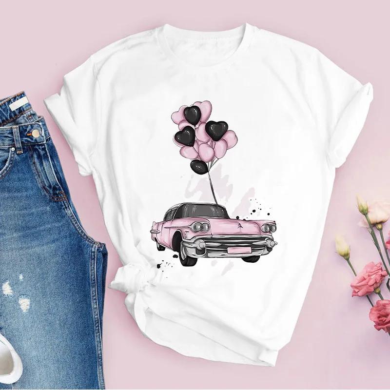Womens White Love Balloon Butterfly round Collar Print Tshirt Short Sleeve Graphic Dress Aesthetic Harajuku Style