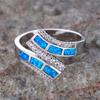 Geometric Blue Opal Engagement Rings for Women Vintage Silver Color Luxury Crystal White Zircon Wedding Band Jewelry