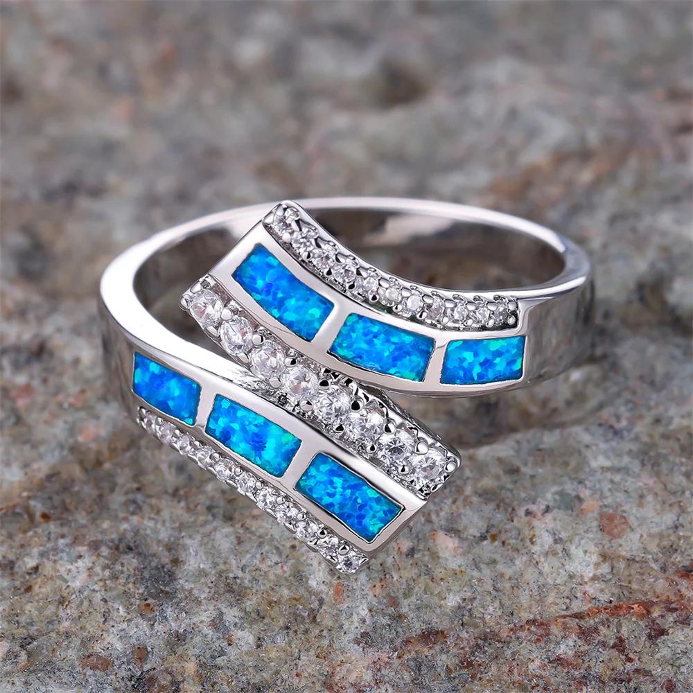 Geometric Blue Opal Engagement Rings for Women Vintage Silver Color Luxury Crystal White Zircon Wedding Band Jewelry