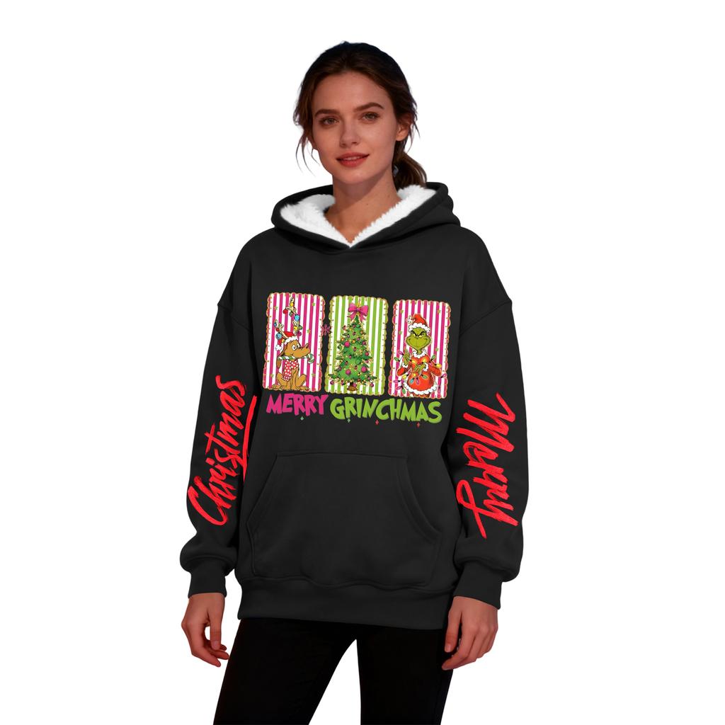 Женская повседневная модная толстовка с капюшоном большого размера, утепленная флисом, с рождественским принтом