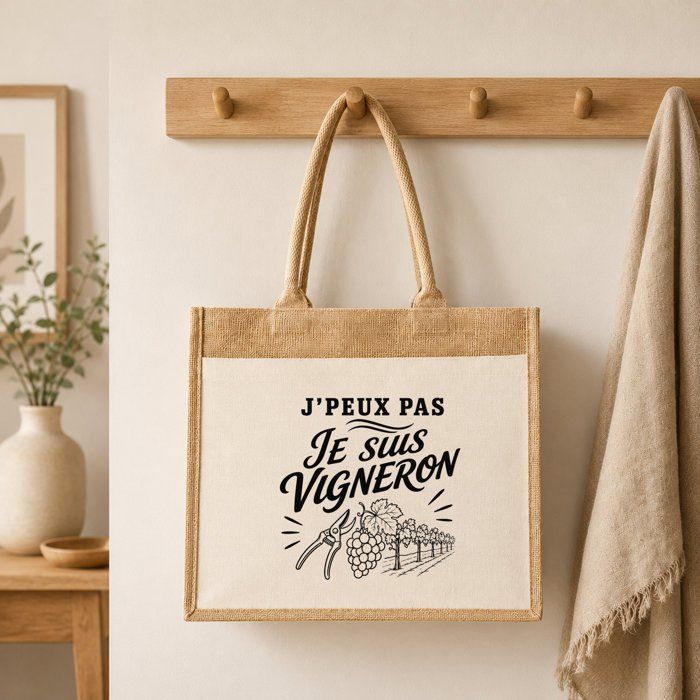 Sac Cabas Jute avec Poche J’peux pas je suis Vigneron J'peux pas minimaliste | Toile de Jute et Coton 21 L Fond Plat Anses 65 cm