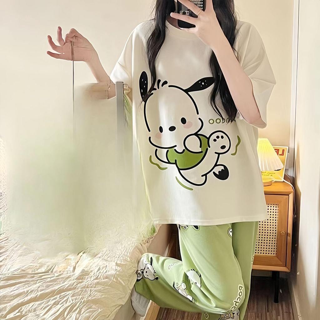 Женский летний мультяшный пижамный комплект - Круглый вырез, Короткий рукав, Легкие брюки для весны и осени