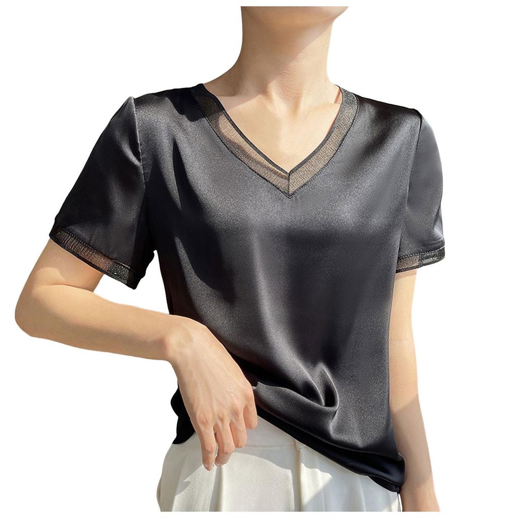 Персиковая женская рубашка 2025 года, летняя новая шелковая атласная футболка с коротким рукавом, женская сетчатая однотонная жилетка, темпераментная рубашка с V-образным вырезом