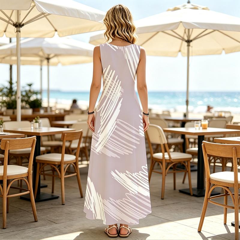 Women U Neck Maxi Sundress,Light Grey Abstract Line Print Dress,Sleeveless Flowy Long Dress,Seaside Casual Apparel