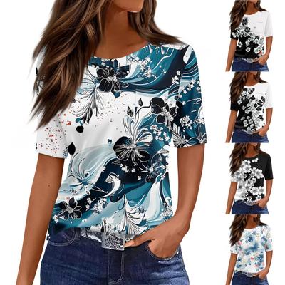 Футболки для женщин с круглым вырезом, нарядные повседневные блузки с принтом, короткие рукава, летние топы свободного кроя