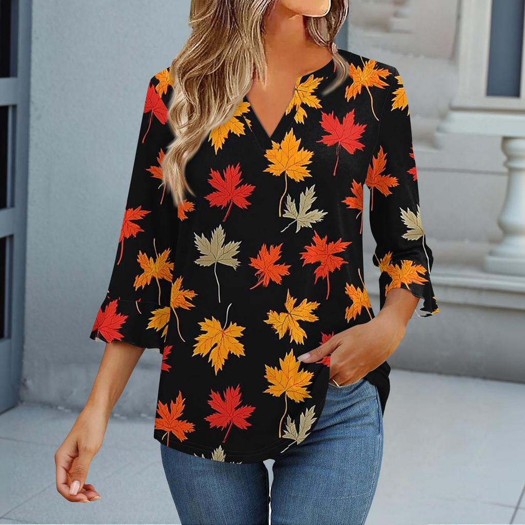 3/4 Sleeve Tops For Women T-Shirt Casual Flared Sleeves Print Tunic V Neck Pullover Blouse