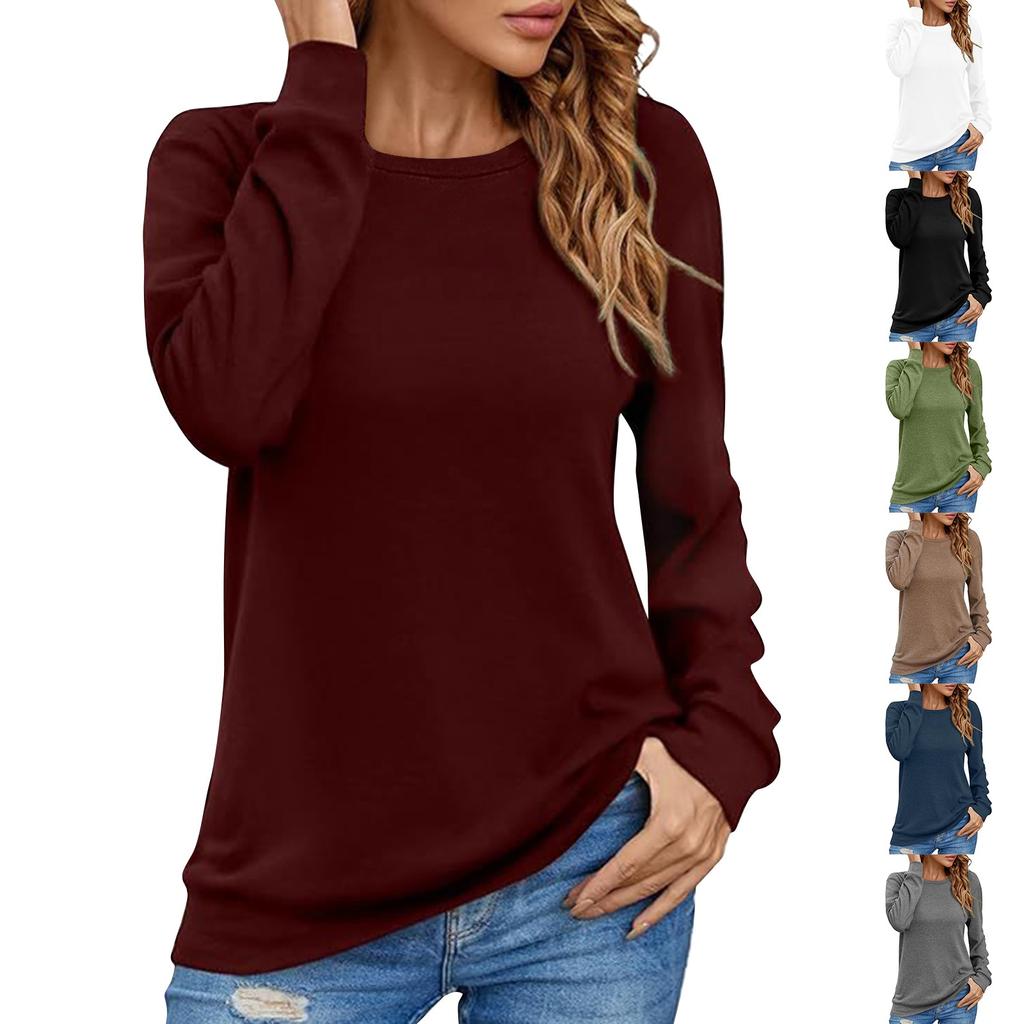 Women's Shirt Round Neck Casual Fashion Solid Color Long Sleeve