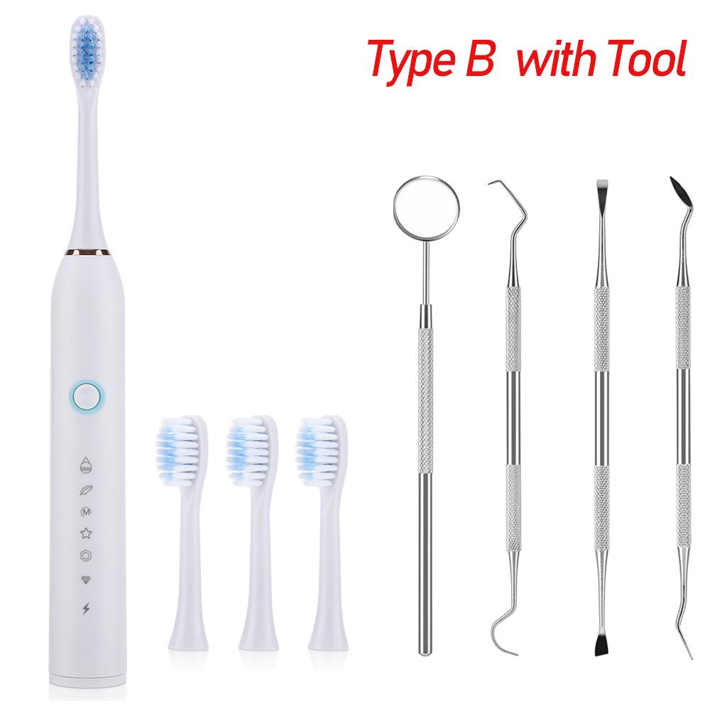 Звуковая электрическая зубная щетка для взрослых Черная Умный таймер 6 режимов Глубокая чистка Зубная щетка с 4 насадками Зубная щетка Уход за полостью рта