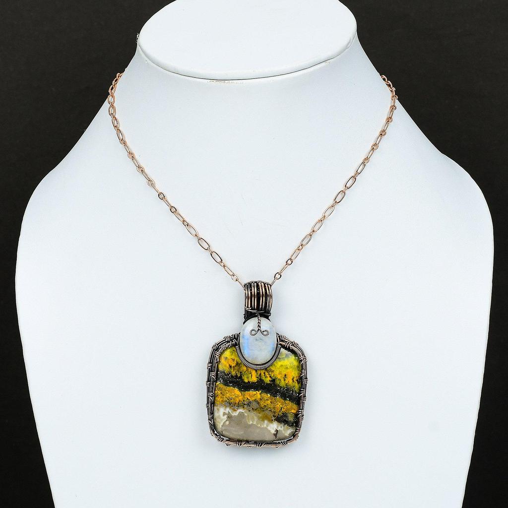 Bumble Bee Jasper Copper Pendant Copper Wire Wrapped Gemstone Jewelry Rainbow Moonstone Pendant Handmade Pendant Wire Wrap Jewelry For Gift