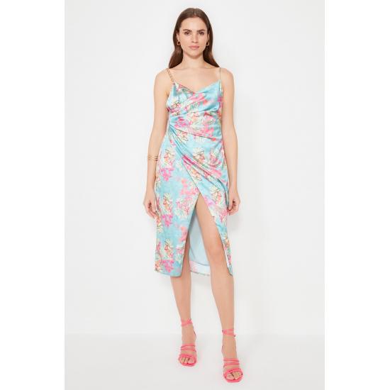 Multi Colored Floral Printed Satin Dress