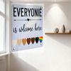 Light Blue Distressed Wooden Sign, 'Everyone (with Stylized E) is Welcome Here' with Hearts & Rainbow LGBTQ+ Pride Symbol, Metal