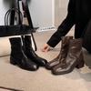 Premium Cowhide Edition~ Square Head Washed Leather Skinny Short Boots Thick High Heel Thick Sole Small Ankle Boots Women's Autumn and Winter