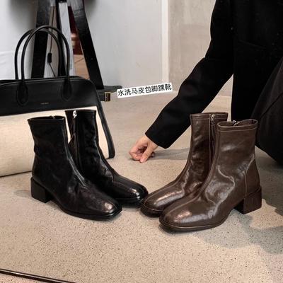 Премиум издание из коровьей кожи~ Квадратный носок, вымытая кожа, узкие короткие ботильоны, толстый высокий каблук, толстая подошва, маленькие ботильоны до щиколотки, женские, осень и зима