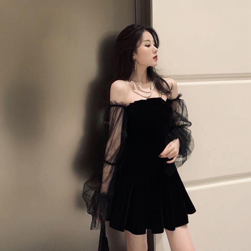 Сексуальная женщина бархатная чистая пряжа с рукавами-фонариками платье-топ платье Юбка трапециевидной формы с длинным рукавом с открытыми плечами ночной клуб бар свадебная вечеринка