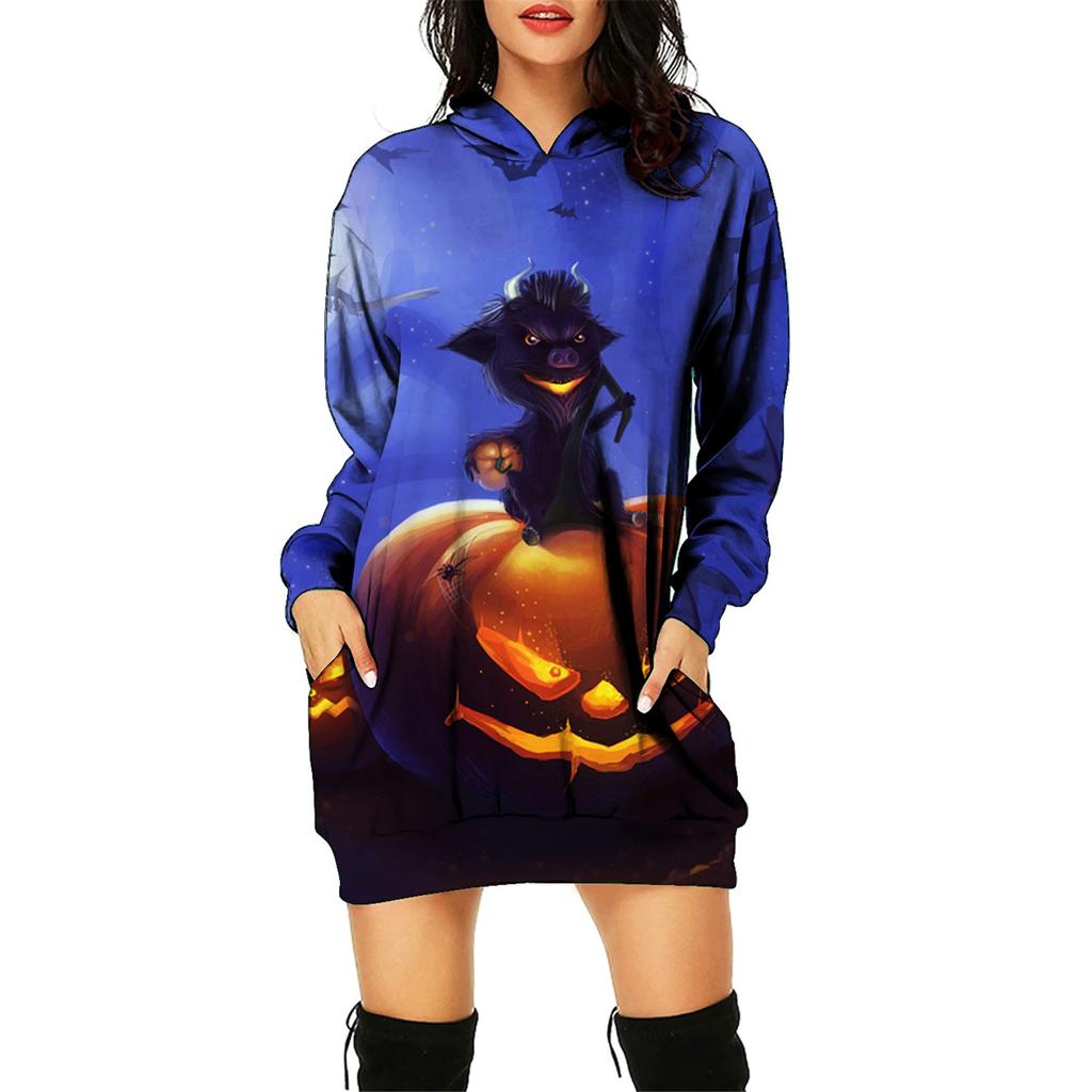 Women's And Winter Hooded Sweatshirt Dress Halloween Print Dress
