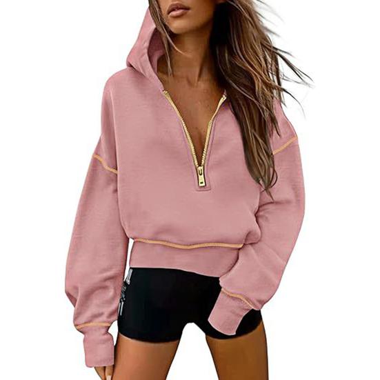 Women Short Sweatshirt Solid Color Long Sleeve Pullover Hooded Sweatshirt Loose Fit Zipper Half Placket Tops
